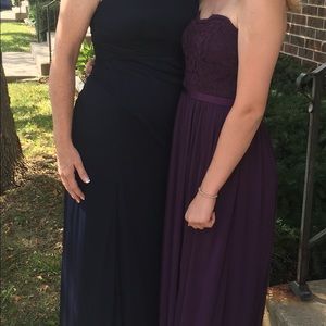 Strapless, lace, plum dress